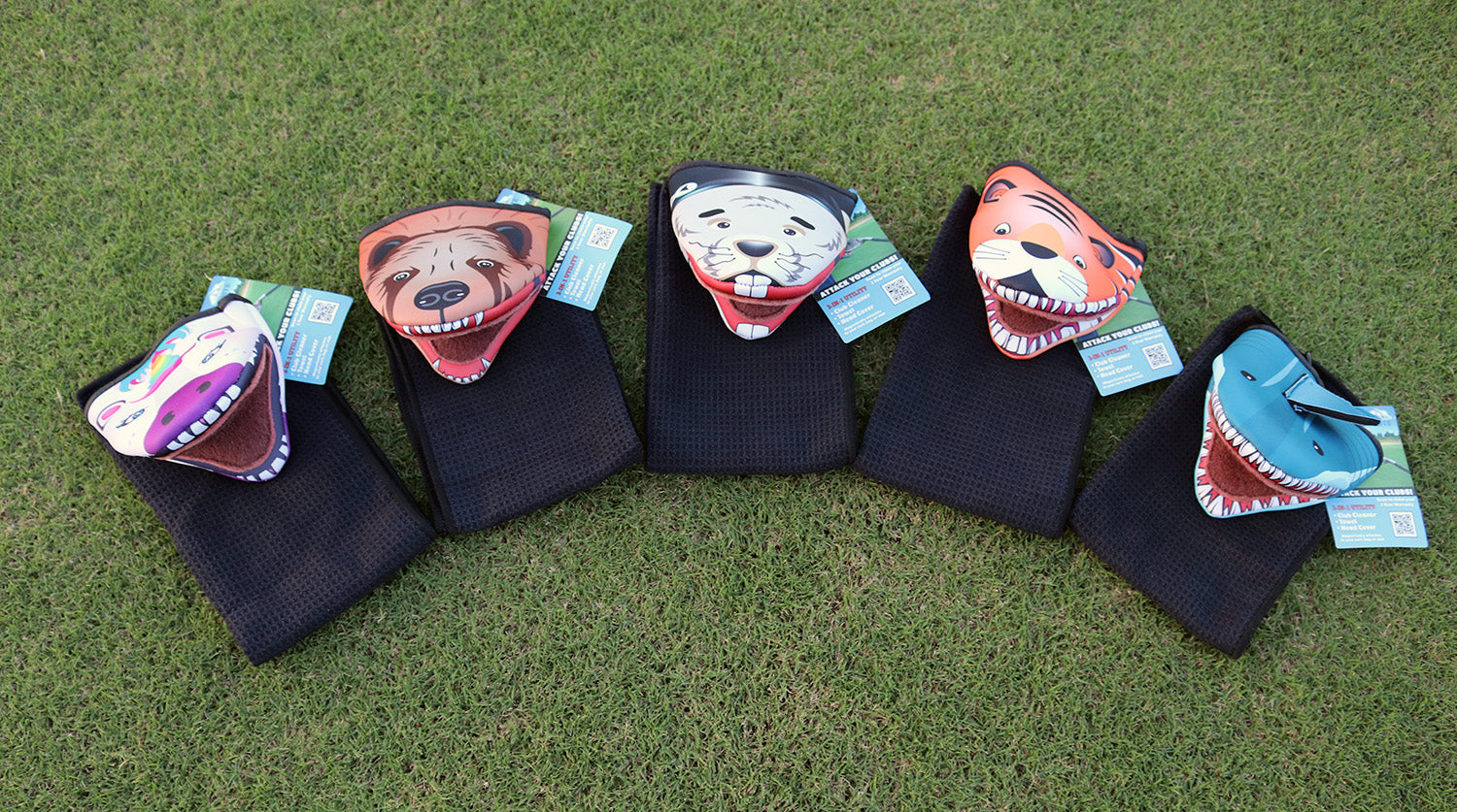 Photo of 5 products displayed on a putting green