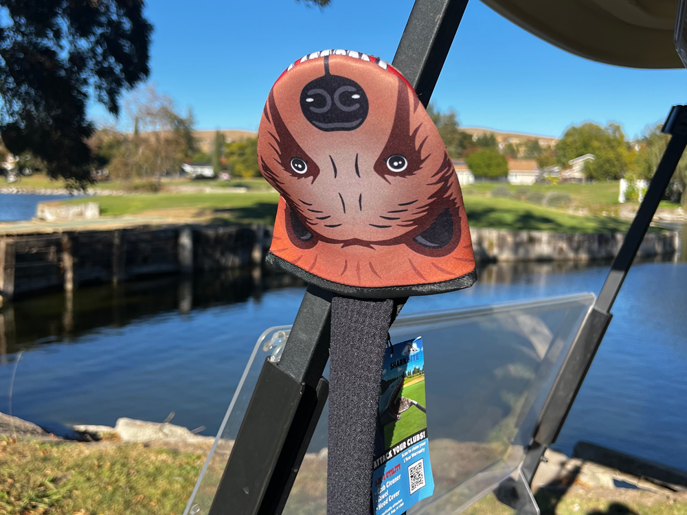 Photo of Bear Product showcasing the magnetic feature attached to the metal frame of a golf cart