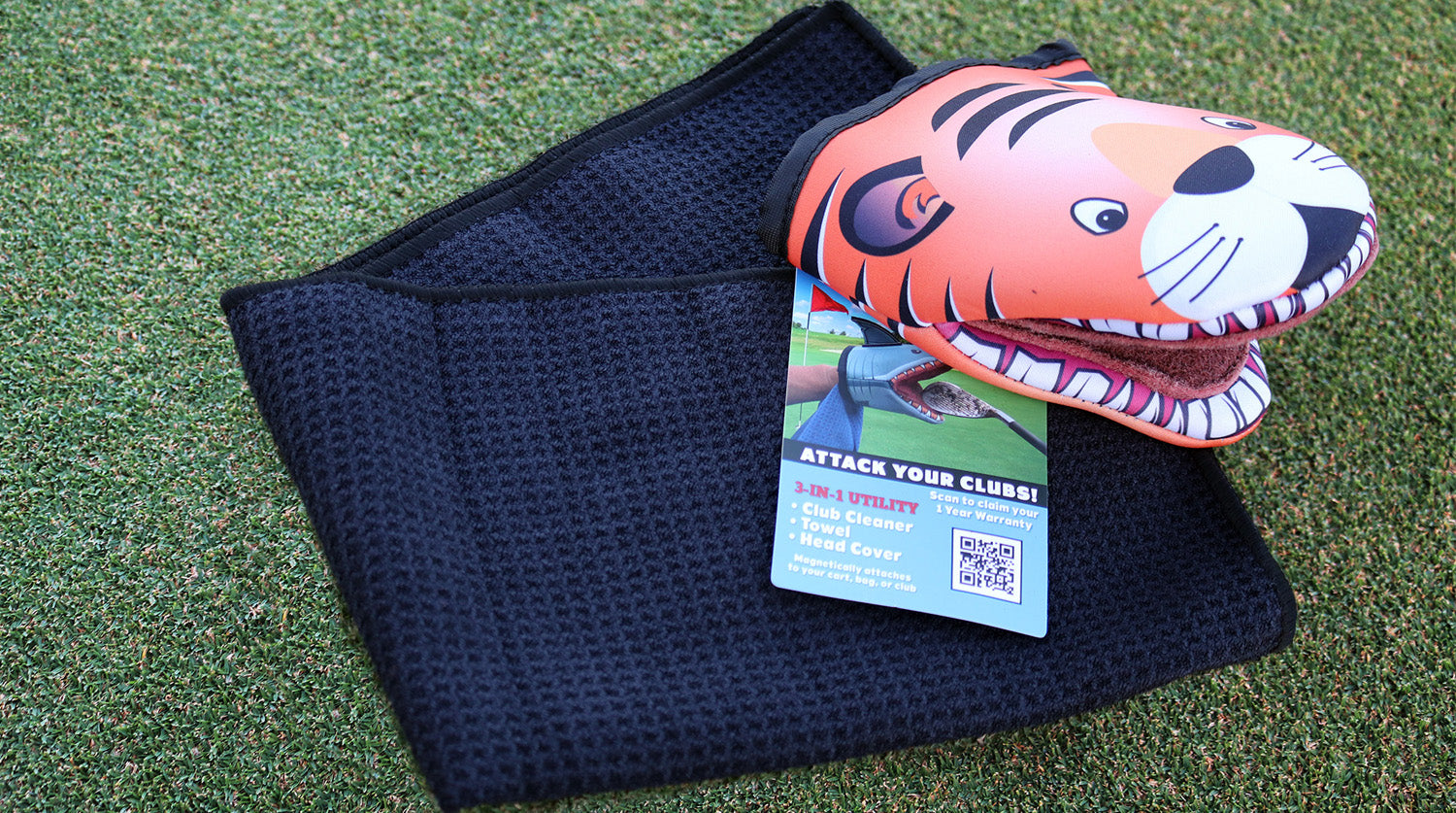 Photo of Tiger Product showcasing the waffle towel feature placed on a putting green